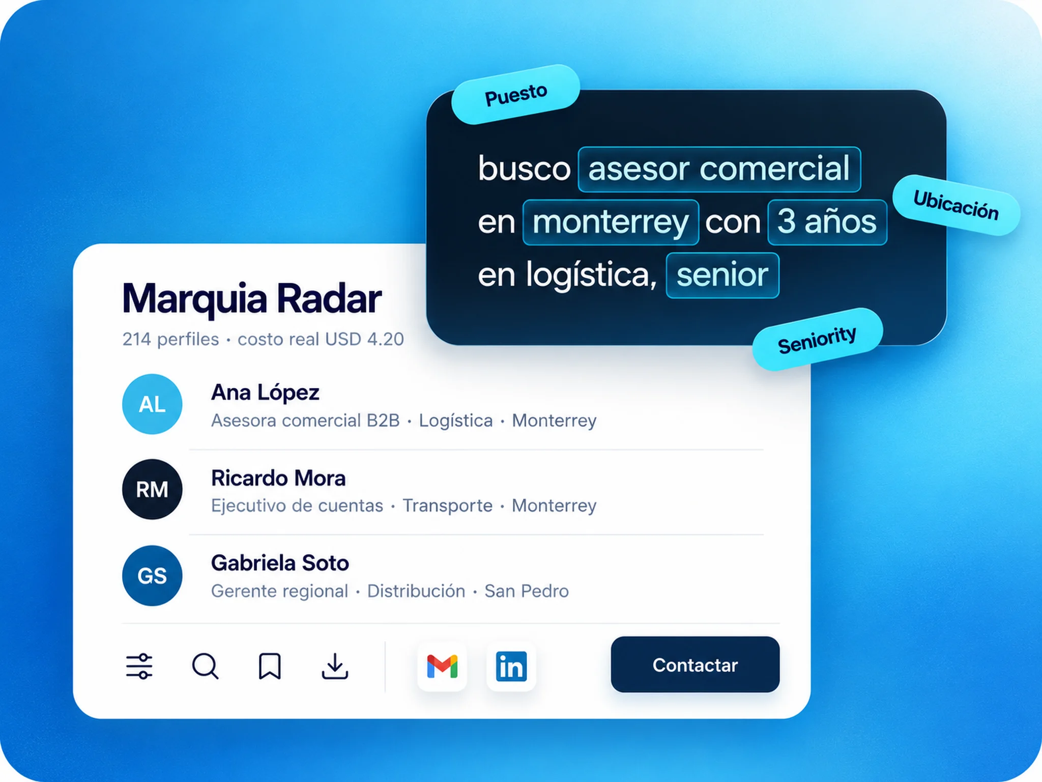 Marquia Radar: un pedido escrito en palabras simples se convierte en perfiles de LinkedIn listos para contactar